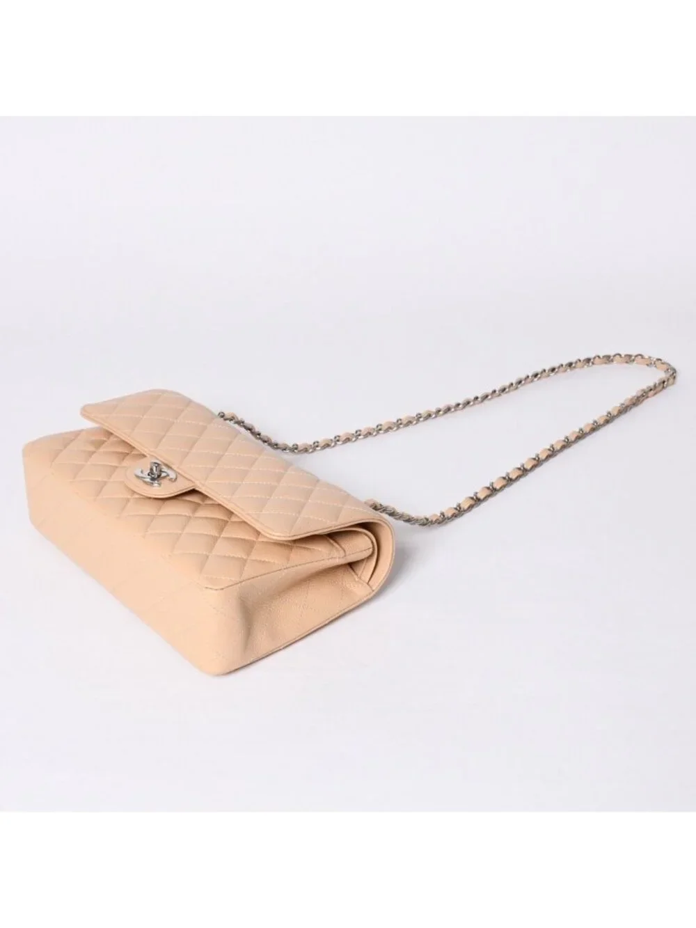 Chanel Quilted 25 Double Flap Chain Shoulder Bag Caviar Leather Beige Gold